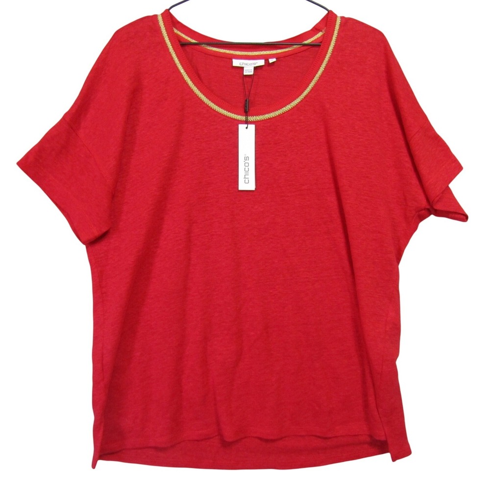 Chico's Easy Linen Tee Womens Large Red New Metallic Trim Short Sleeve Top